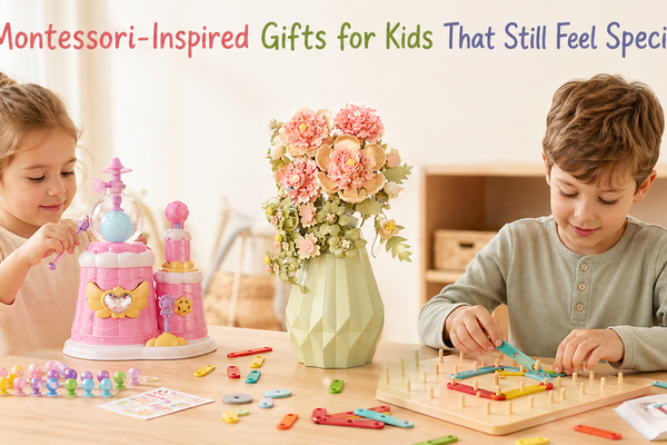 Montessori-inspired gifts for kids in a warm indoor play setting with hands-on building and creative toys