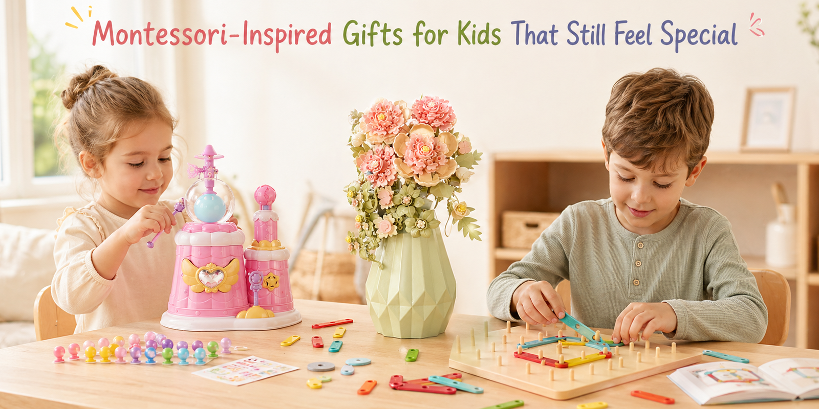 Montessori-inspired gifts for kids in a warm indoor play setting with hands-on building and creative toys