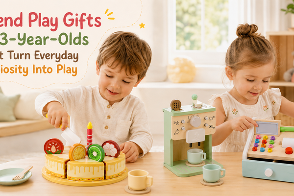 Three-year-old children playing with a wooden cake set, coffee machine, and cash register in a bright home playroom