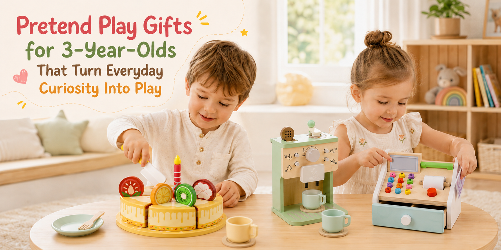 Three-year-old children playing with a wooden cake set, coffee machine, and cash register in a bright home playroom