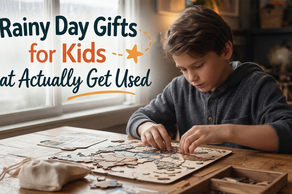 American child using a thoughtful rainy day gift at a cozy table indoors