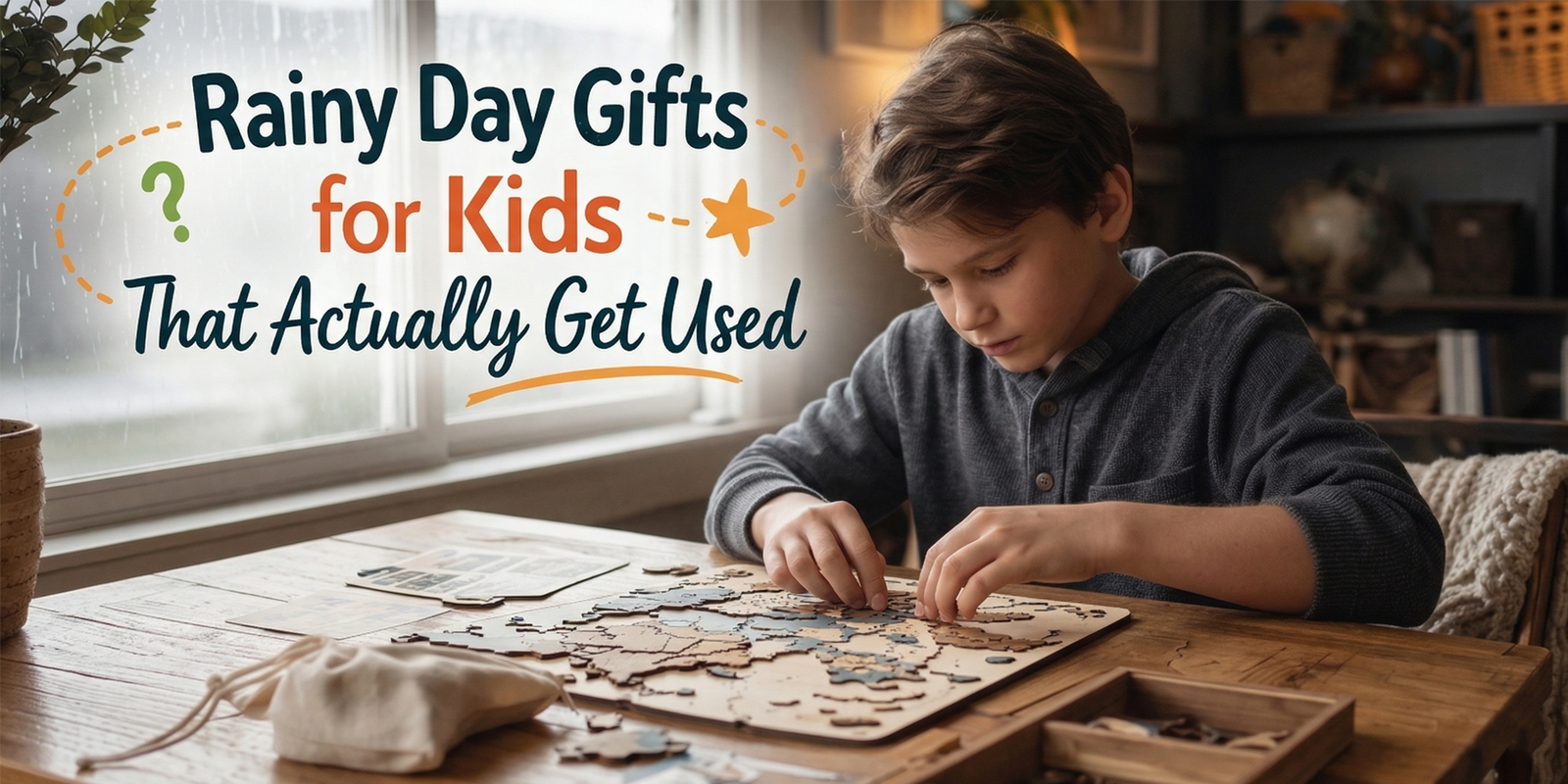 American child using a thoughtful rainy day gift at a cozy table indoors