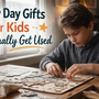 American child using a thoughtful rainy day gift at a cozy table indoors