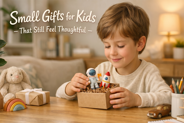 Child opening a small thoughtful gift at a table indoors