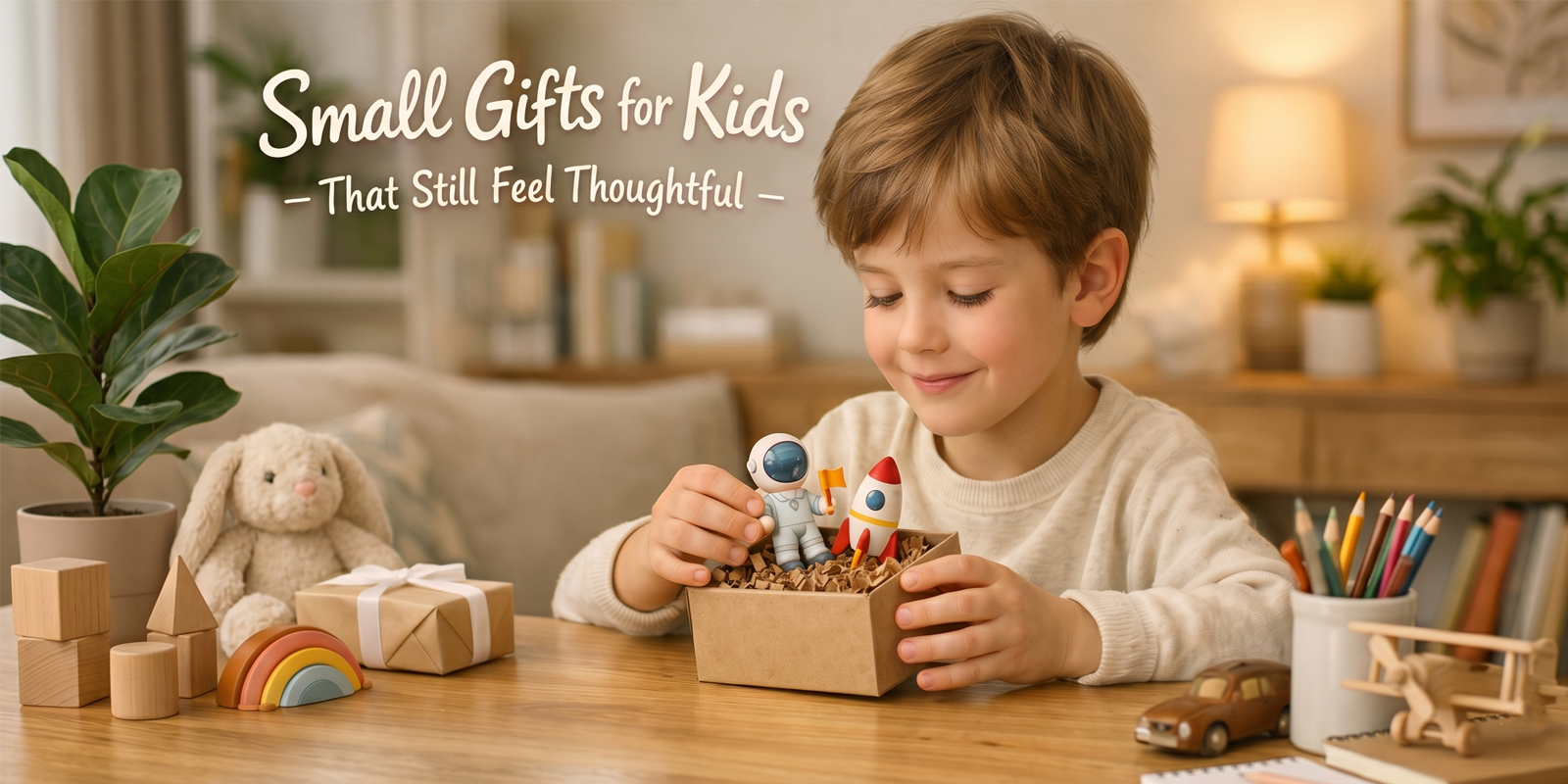 Child opening a small thoughtful gift at a table indoors