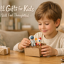 Child opening a small thoughtful gift at a table indoors