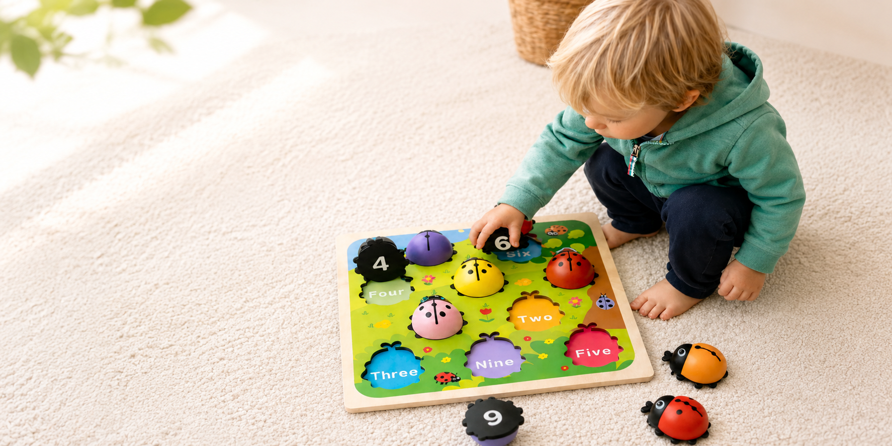 Colorful counting toys for toddlers, including wooden number puzzles, ladybug matching game, stacking blocks, and preschool math learning toys.