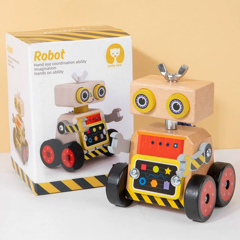 Wooden toy robot with packaging on a light background
