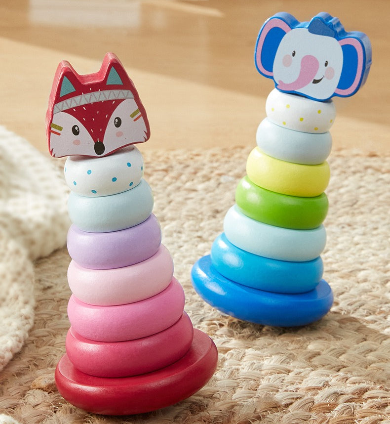 Wooden Animal Rainbow Stacking Tower & Wobble Toy