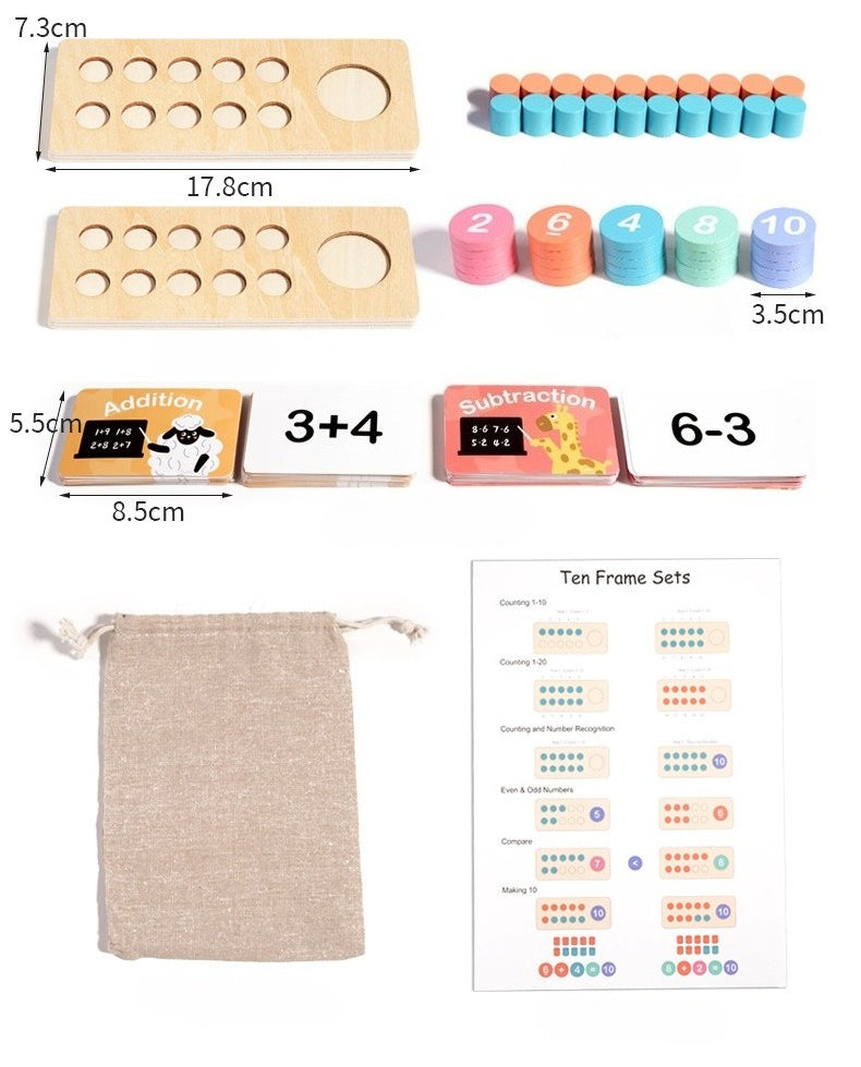 Wooden Ten-Frame Addition and Subtraction Math Set