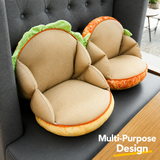 size and detail view of transformable plush hamburger seat cushion