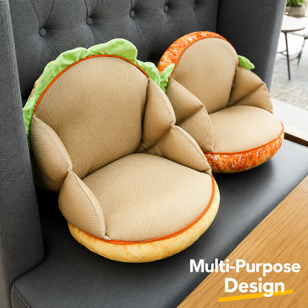 size and detail view of transformable plush hamburger seat cushion