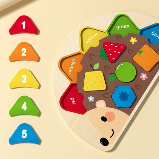 Children's educational puzzle with colorful shapes and numbers on a beige background