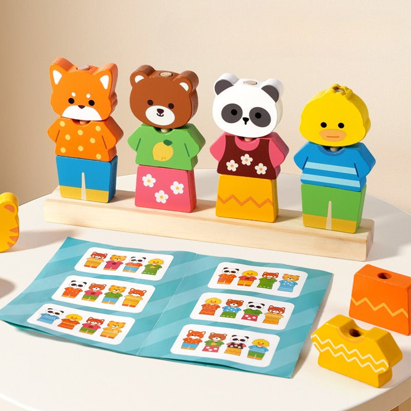 Set of colorful animal-shaped blocks with matching cards on a light surface