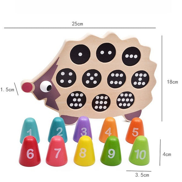 Wooden hedgehog number sorting toy with colorful cones and measurements 