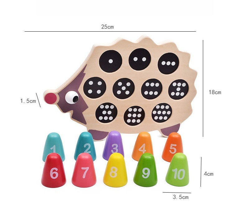 Wooden hedgehog number sorting toy with colorful cones and measurements 