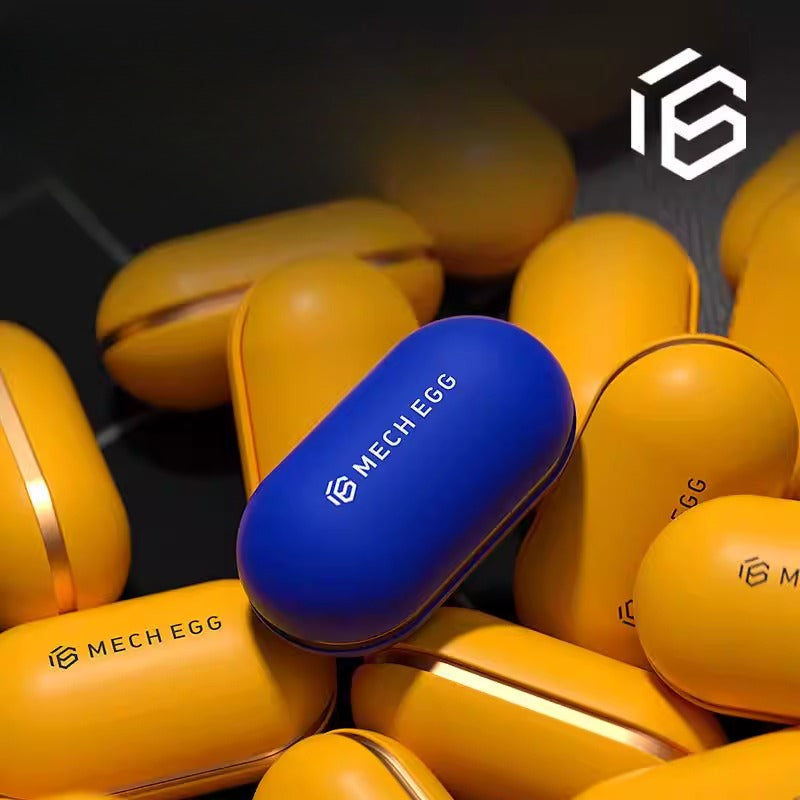 Blue MECH EGG case surrounded by yellow MECH EGG products on a dark background