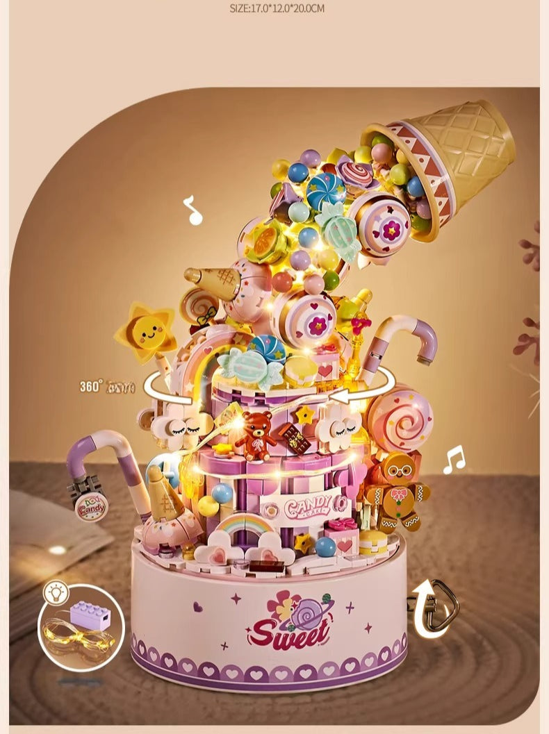 Rotating Musical Building Block Ornament with Integrated Lights