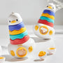 Colorful duck-shaped toy with a stackable design on a white background