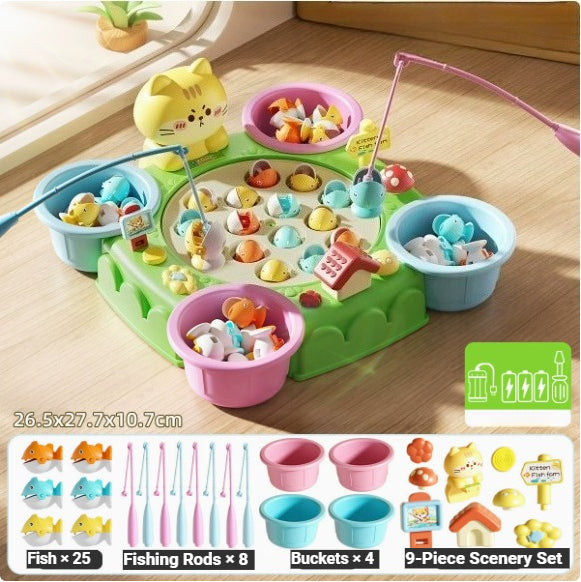 Children's fishing game toy with colorful components on a wooden surface