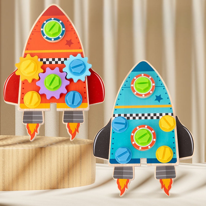 Wooden 2-in-1 Rocket Builder & Gear Discovery Toy
