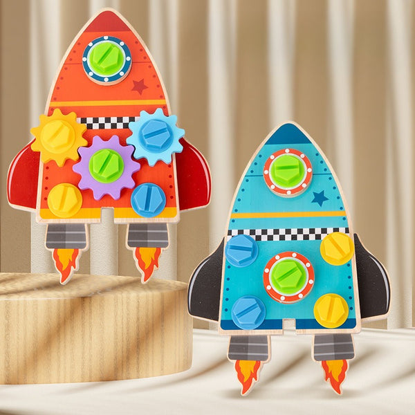 Wooden 2-in-1 Rocket Builder & Gear Discovery Toy