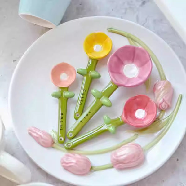 Ceramic Floral Measuring Spoon Set with Planter Base