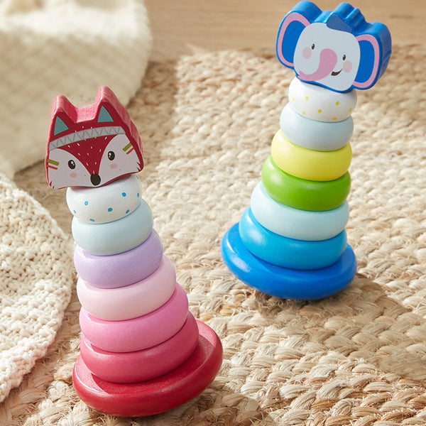 Wooden Animal Rainbow Stacking Tower & Wobble Toy