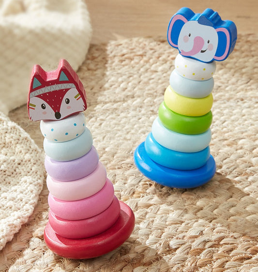 Wooden Animal Rainbow Stacking Tower & Wobble Toy