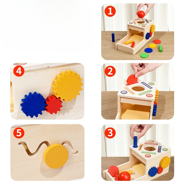 Wooden Montessori Coin & Peg Sorting Box with Spinning Gears