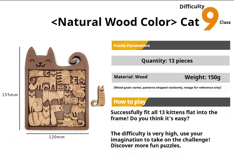 Wooden puzzle with cat design and difficulty rating on a white background
