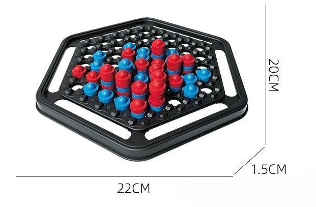 Hexagonal grid with red and blue pegs on a black base, showing dimensions.