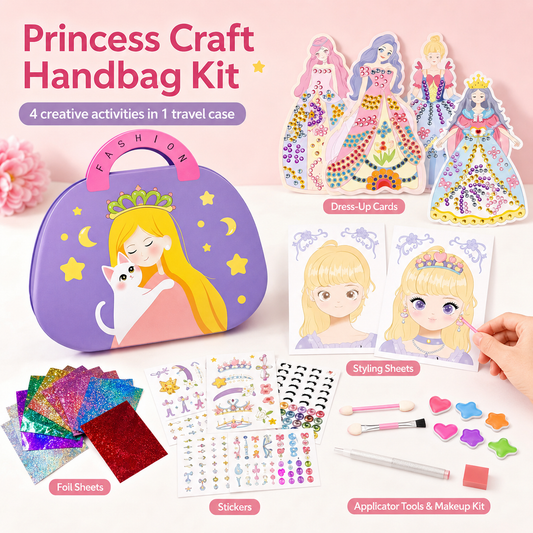 Princess craft handbag kit with travel case, dress-up cards, and craft materials on a pink background.