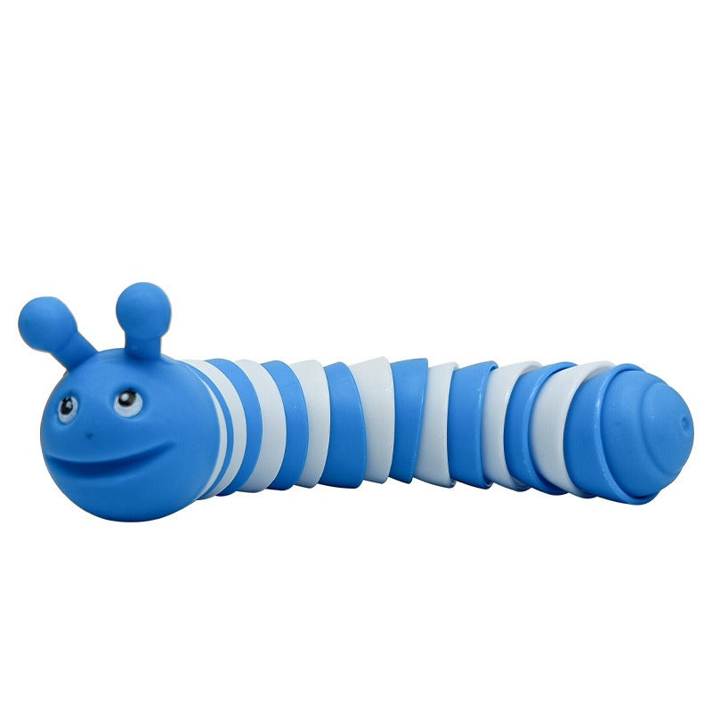 Blue and white caterpillar-shaped toy on a white background