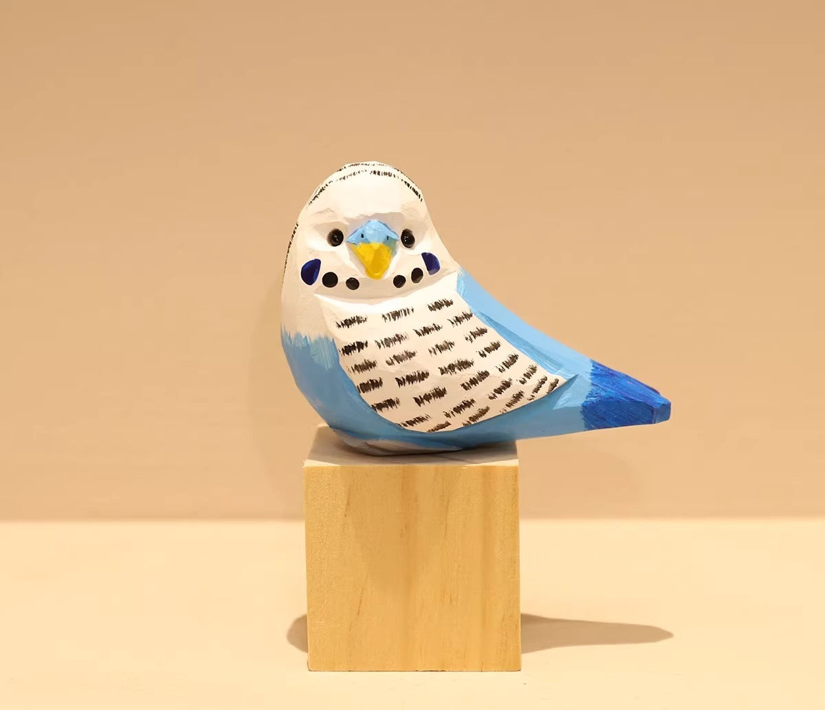 Hand-Carved Wooden Budgie and Monk Parakeet Figurine