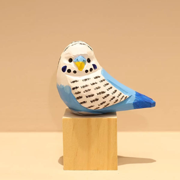 Hand-Carved Wooden Budgie and Monk Parakeet Figurine