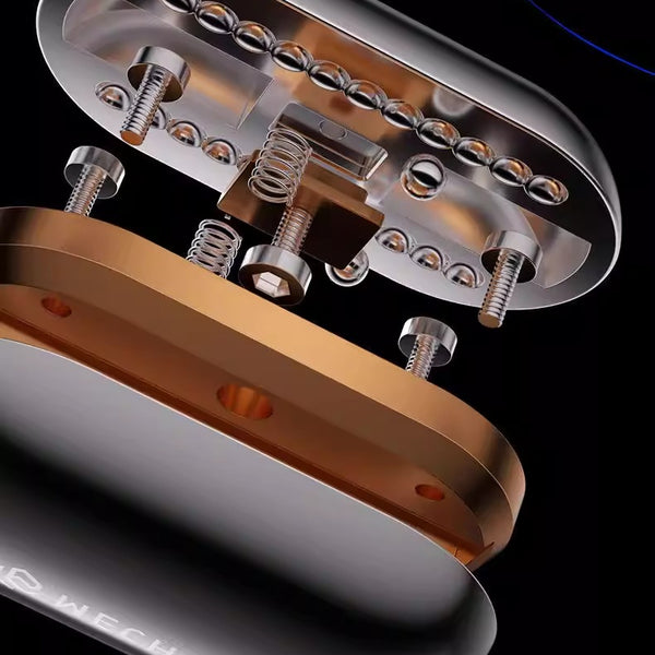 Close-up of a guitar pickup with metallic finish on a black background