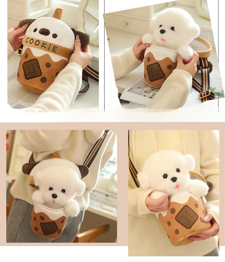 Bubble Tea Cup Plush Bag with Dog Doll