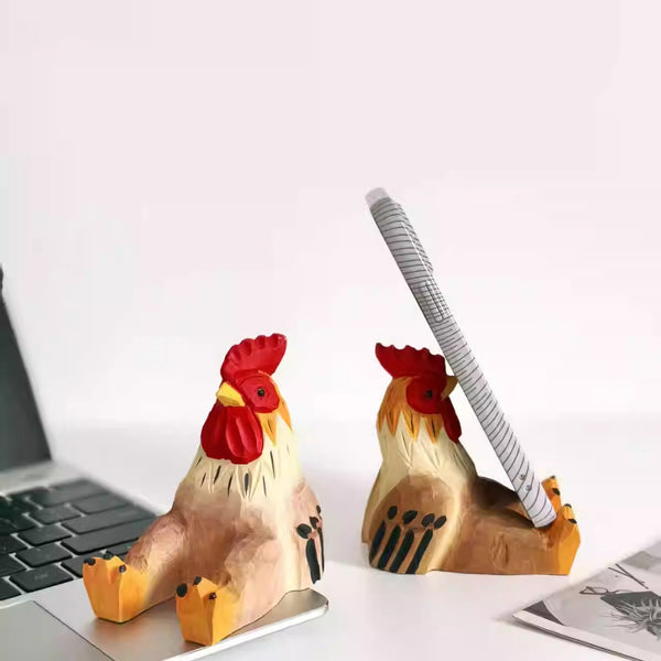 Hand-Carved Wooden Rooster Phone Stand
