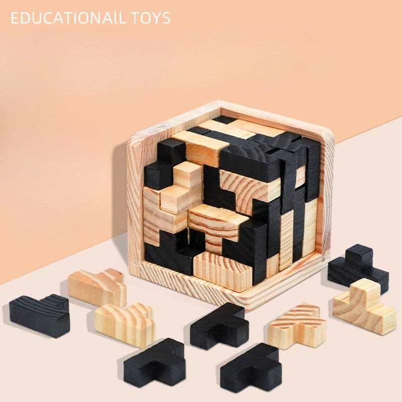 Wooden puzzle toy set with black and beige pieces on a light background