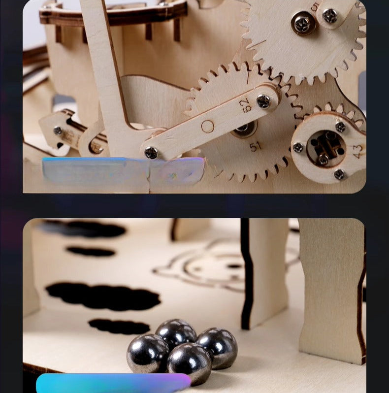 Collage of wooden mechanical model pieces and assembled gears on a dark background