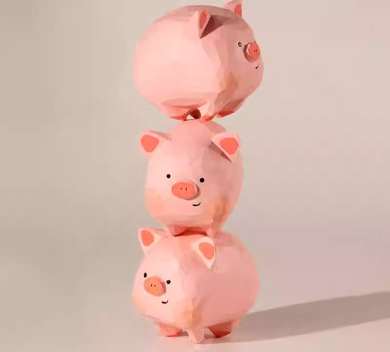 Hand-Carved Wooden Pig Figurine Set