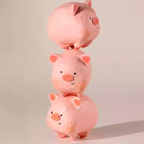 Hand-Carved Wooden Pig Figurine Set