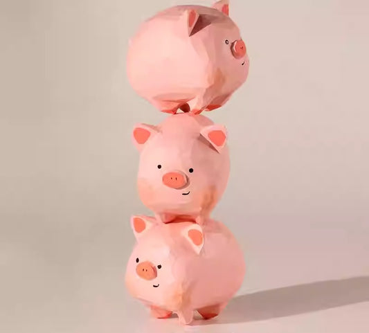 Hand-Carved Wooden Pig Figurine Set