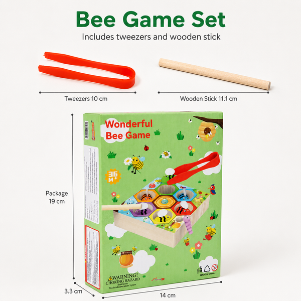 Bee game set with tweezers and wooden stick on a white background