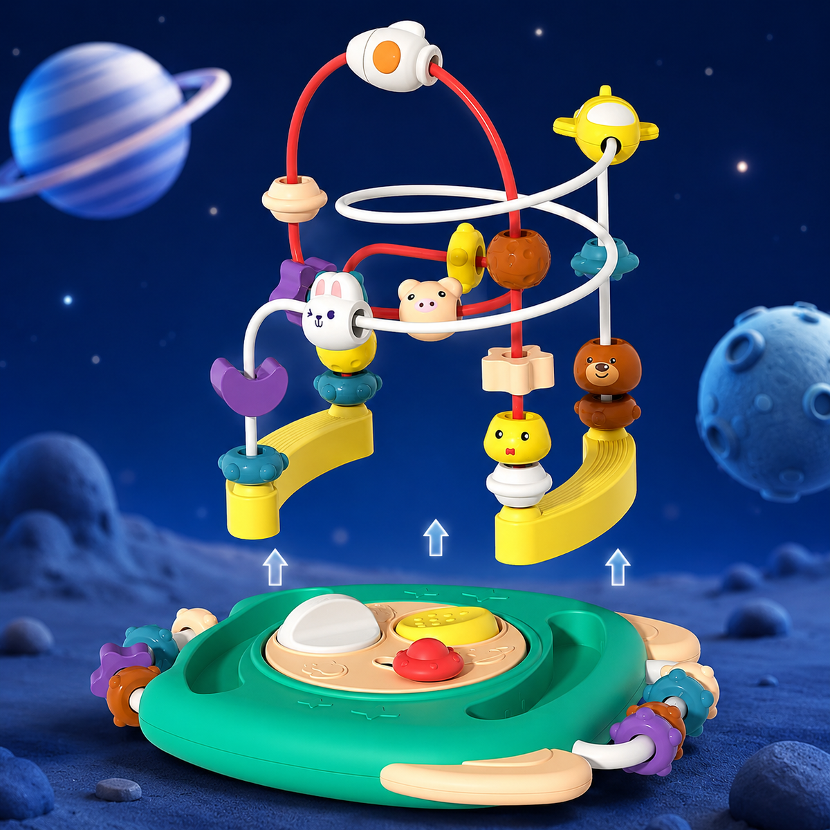 Colorful toy with moving parts on a space-themed background