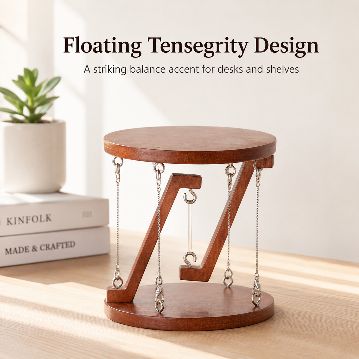 Wooden table with Z-shaped design and hanging chains on a wooden surface.