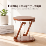 Wooden table with Z-shaped design and hanging chains on a wooden surface.