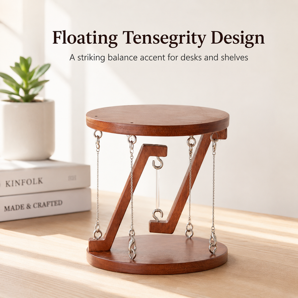Wooden table with Z-shaped design and hanging chains on a wooden surface.
