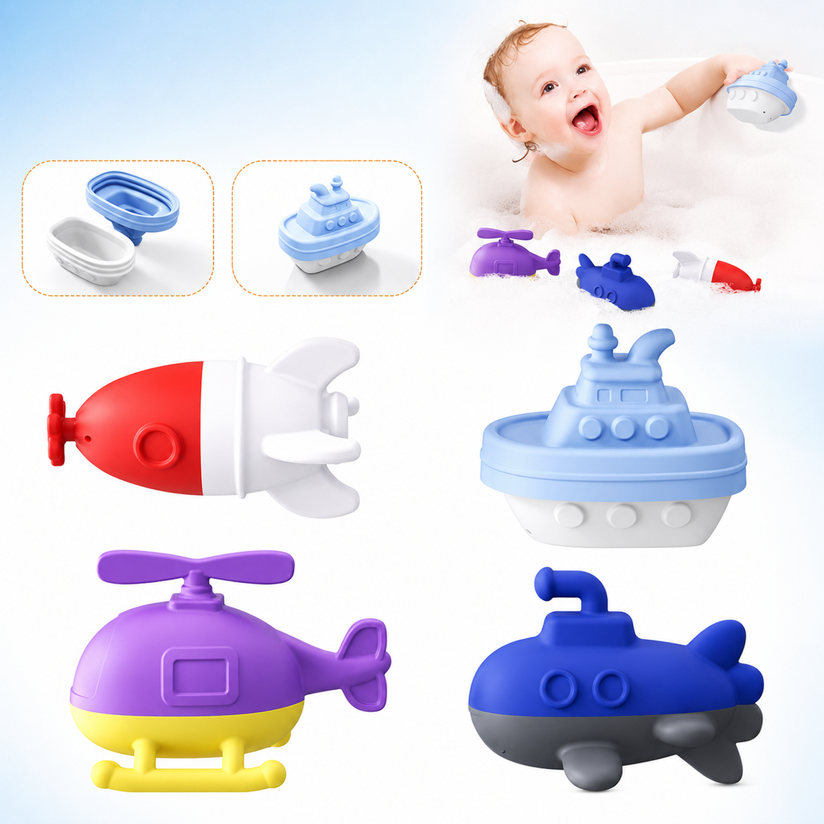 Set of colorful bath toys including a helicopter, submarine, and boat with a baby playing in the background.